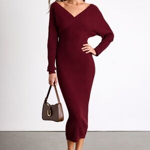 Lulus Bixby Burgundy Ribbed Surplice Bodycon Midi Dress Red - Size S